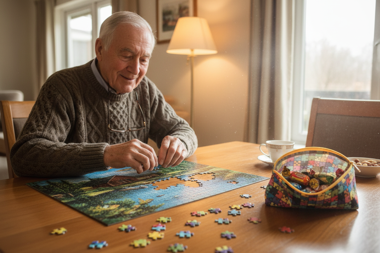 Jigsaw pouch with elderly gentleman doing puzzle