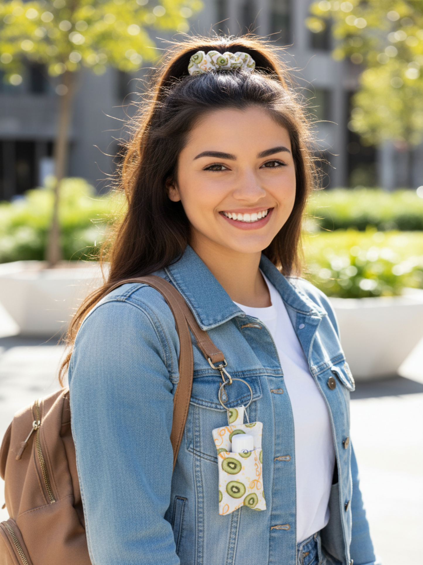Kiwi gift set lifestyle image with scrunchie and keyring holder