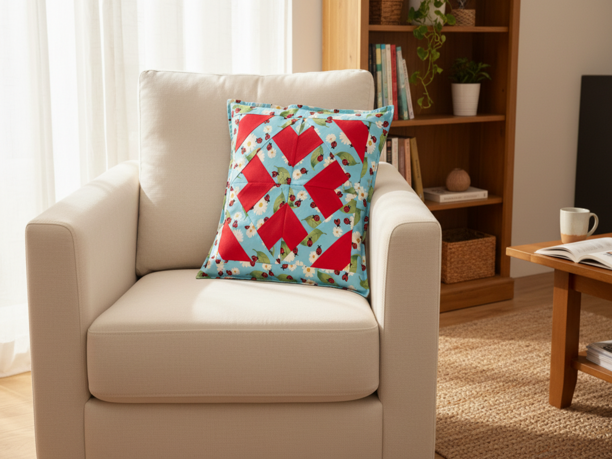 Ladybug cushion on couch