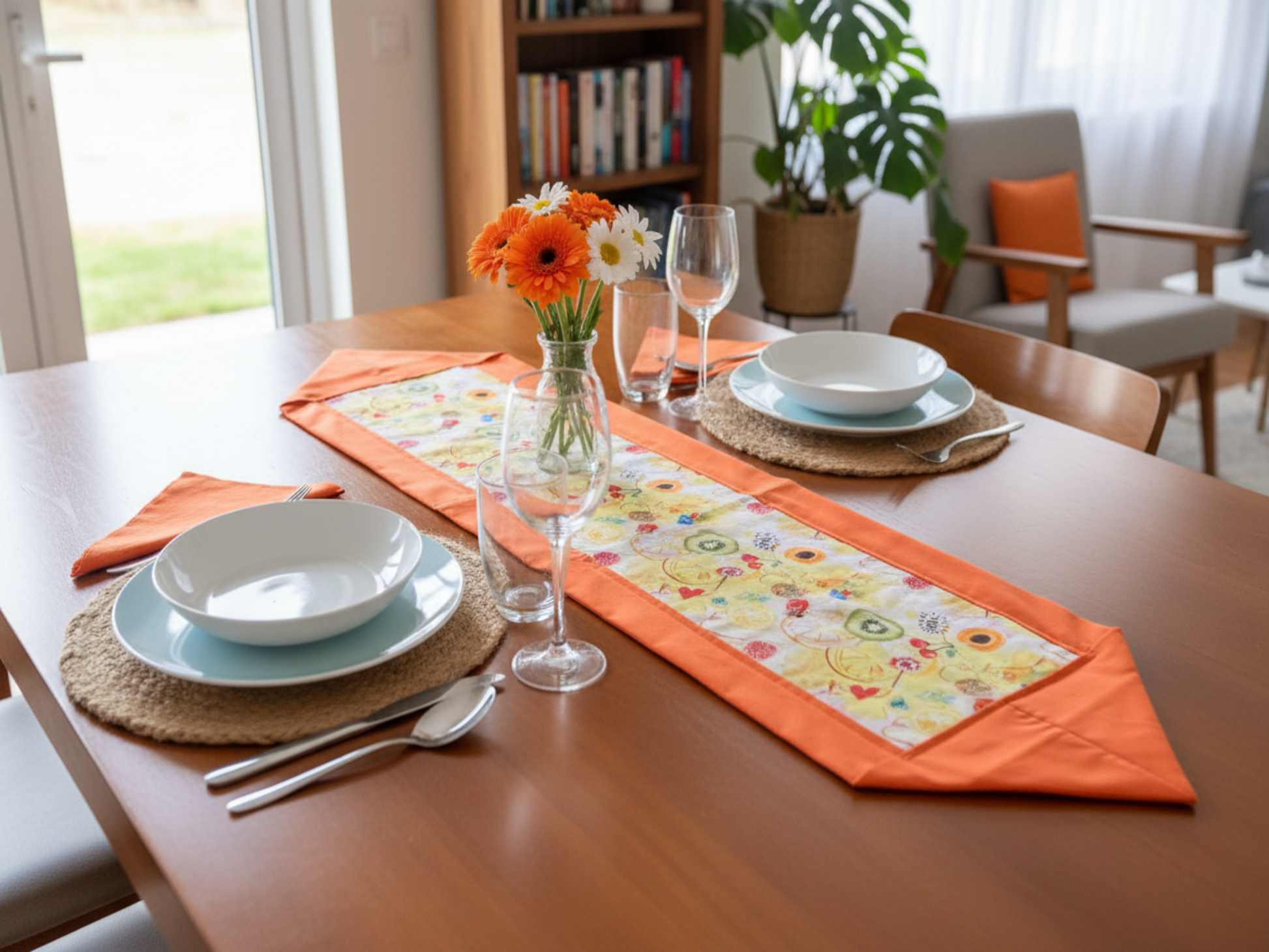 Modern bright orange table runner on dining table