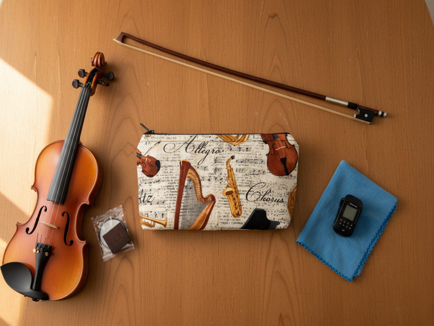 Music pouch on table with violin