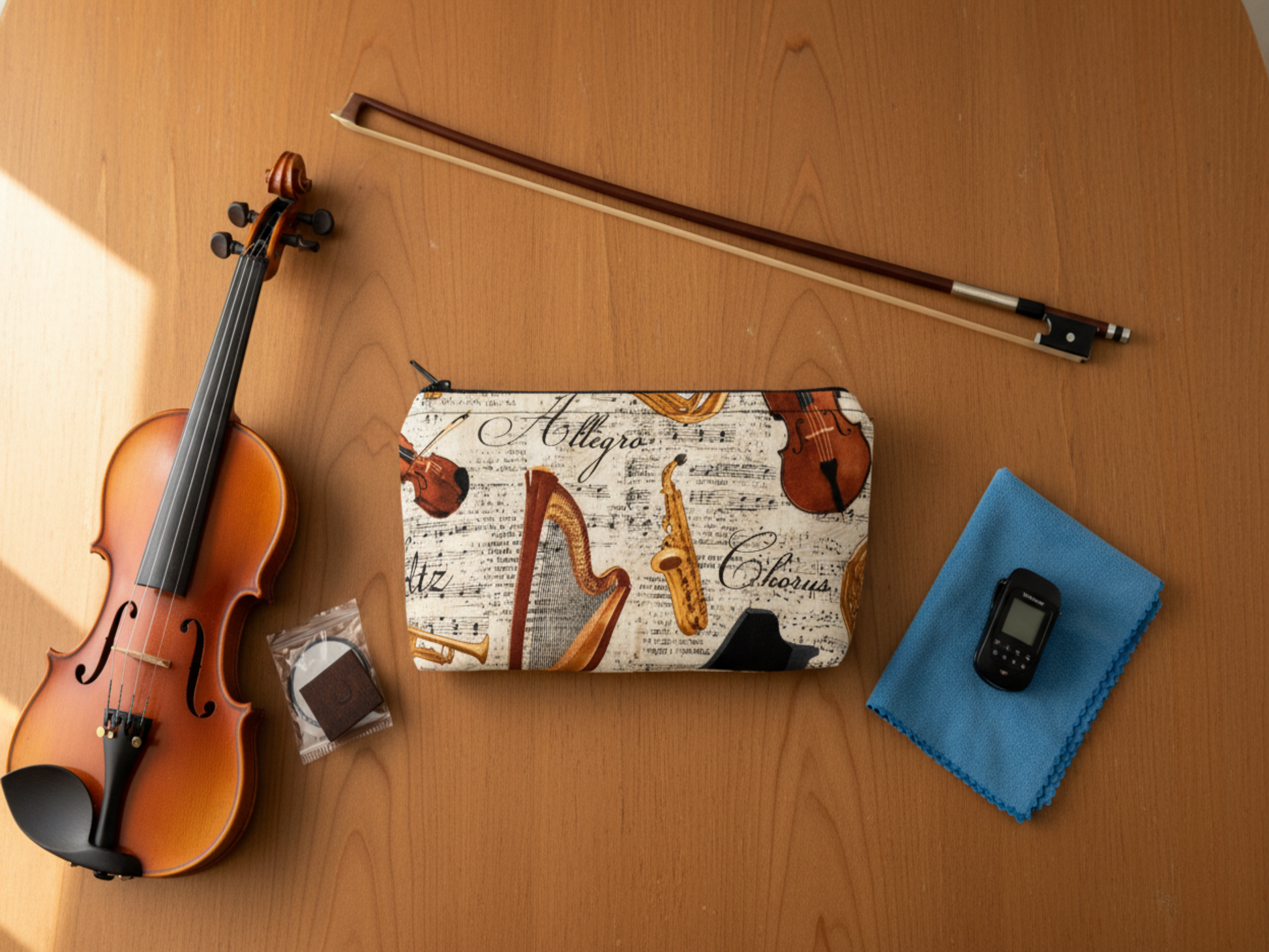 Music pouch on table with violin