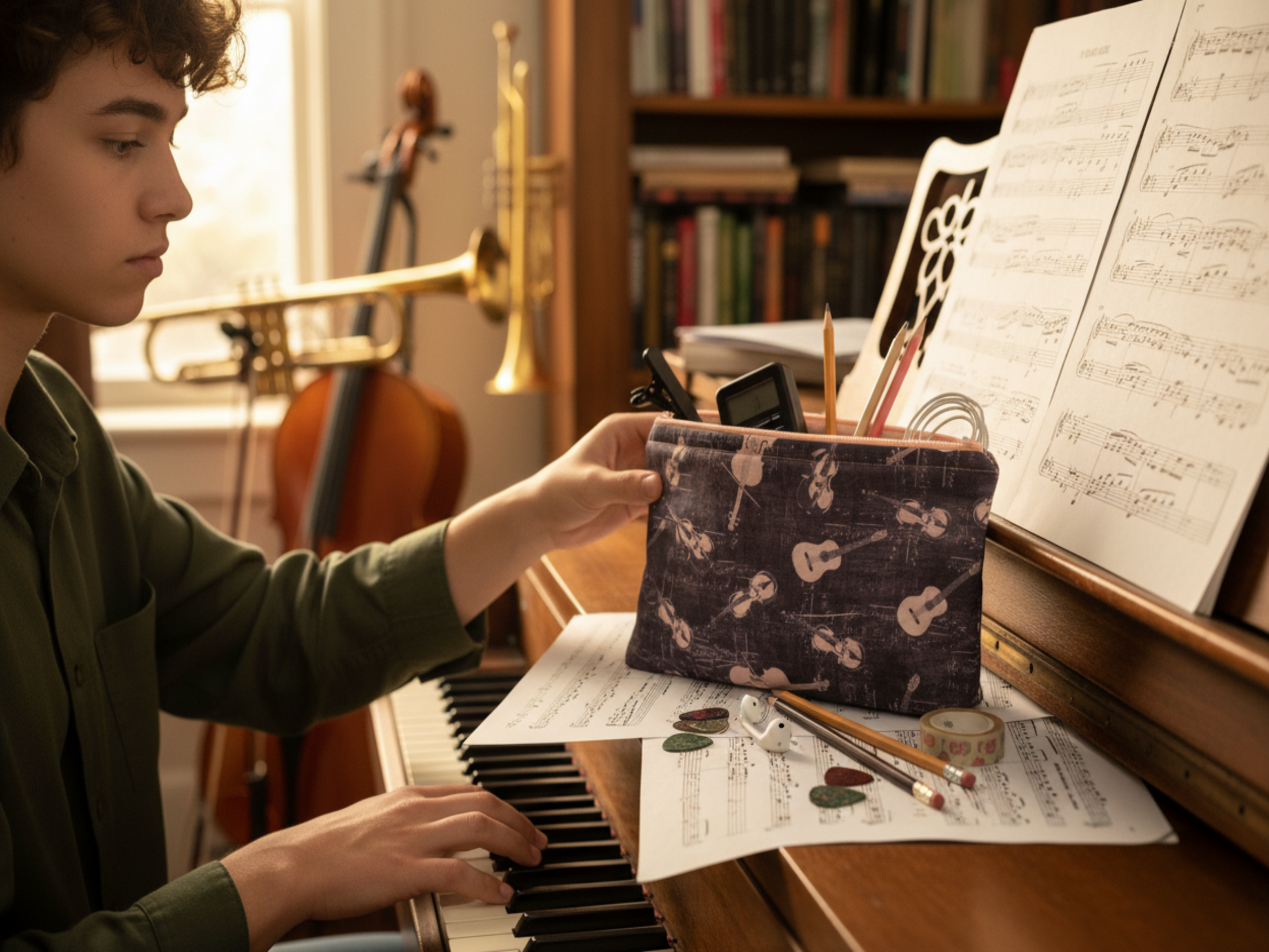 Music pouch with musician