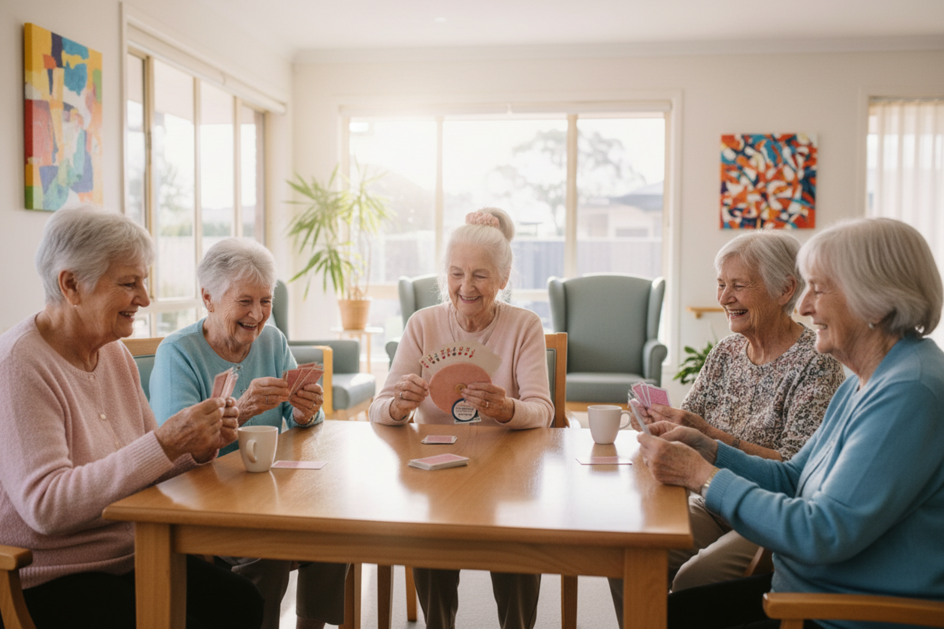 Nanna playing cards in nursing home with pink scrunchie