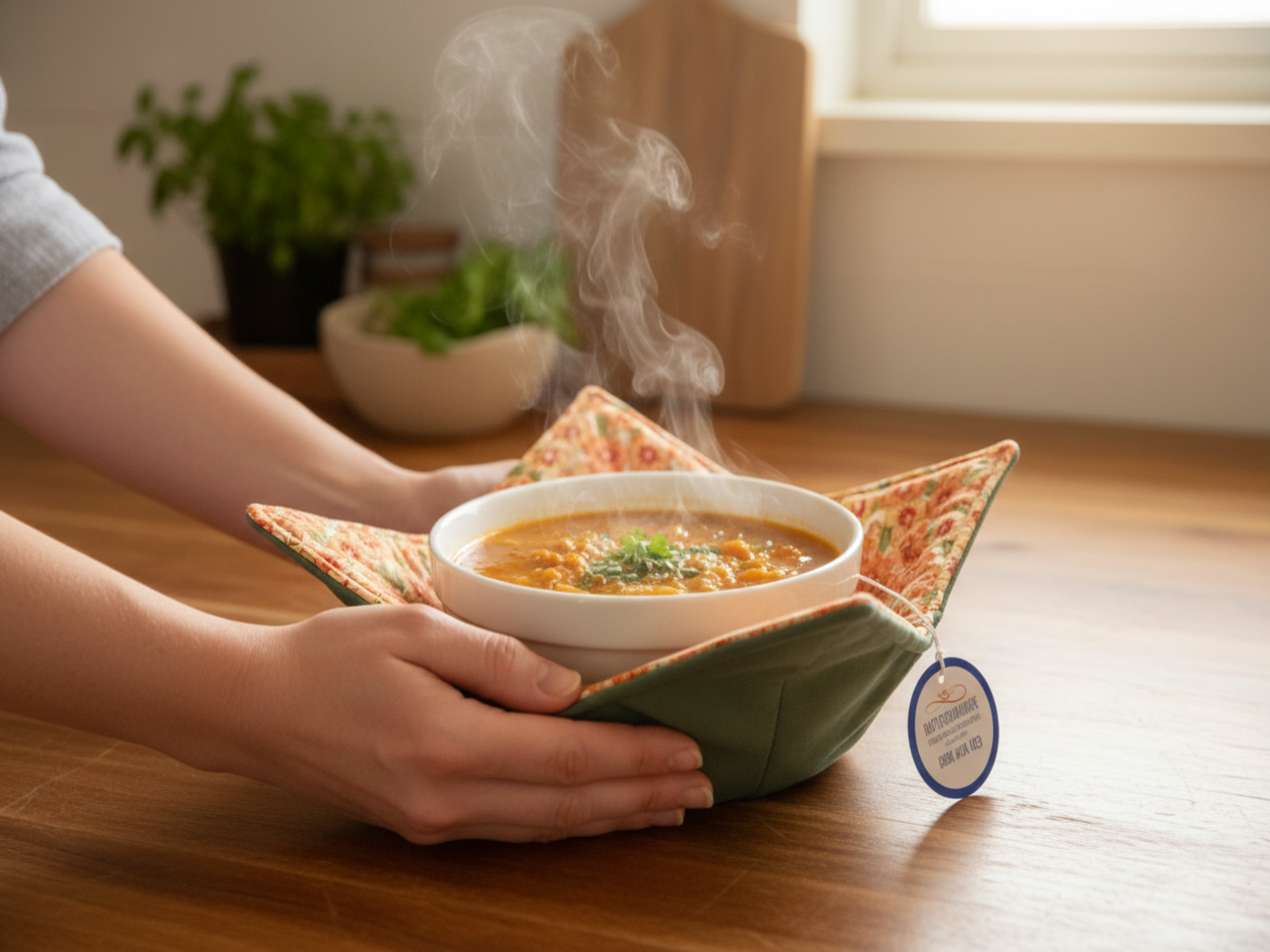 Orange floral green bowl holder in use