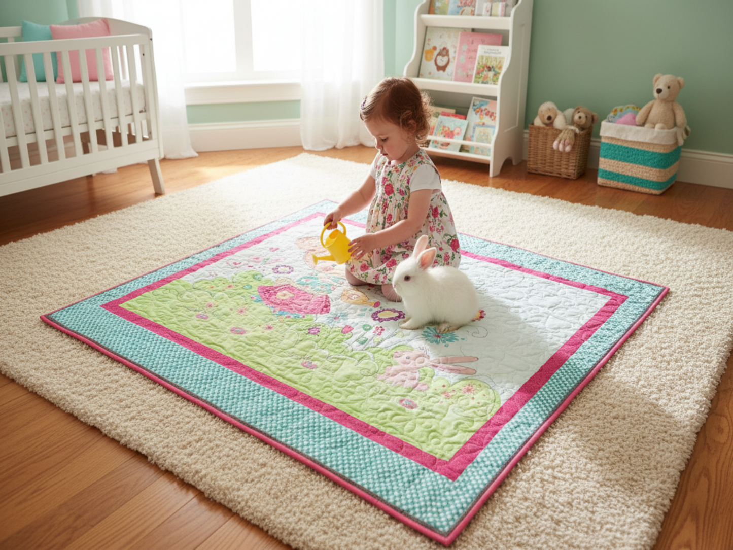 Patchwork cot quilt with girl and rabbit garden design