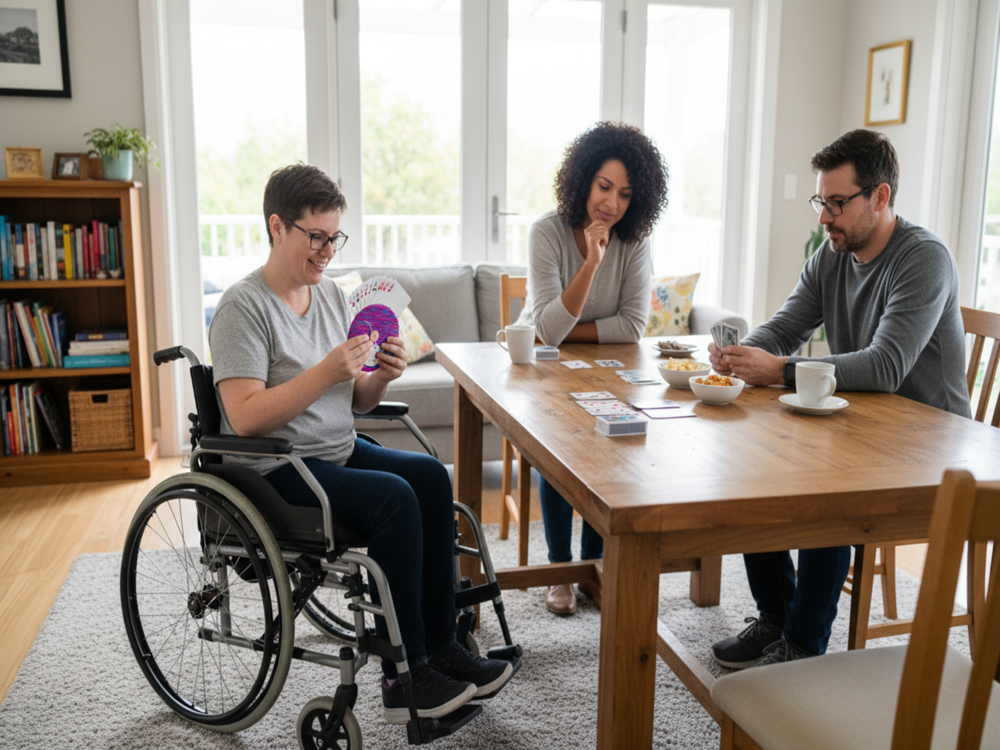 Person in wheelchair using bright pink card holder