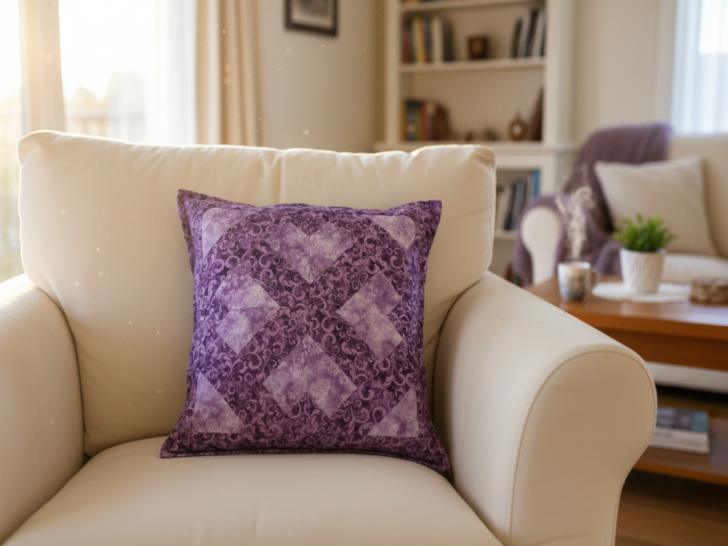 Purple cushion on couch