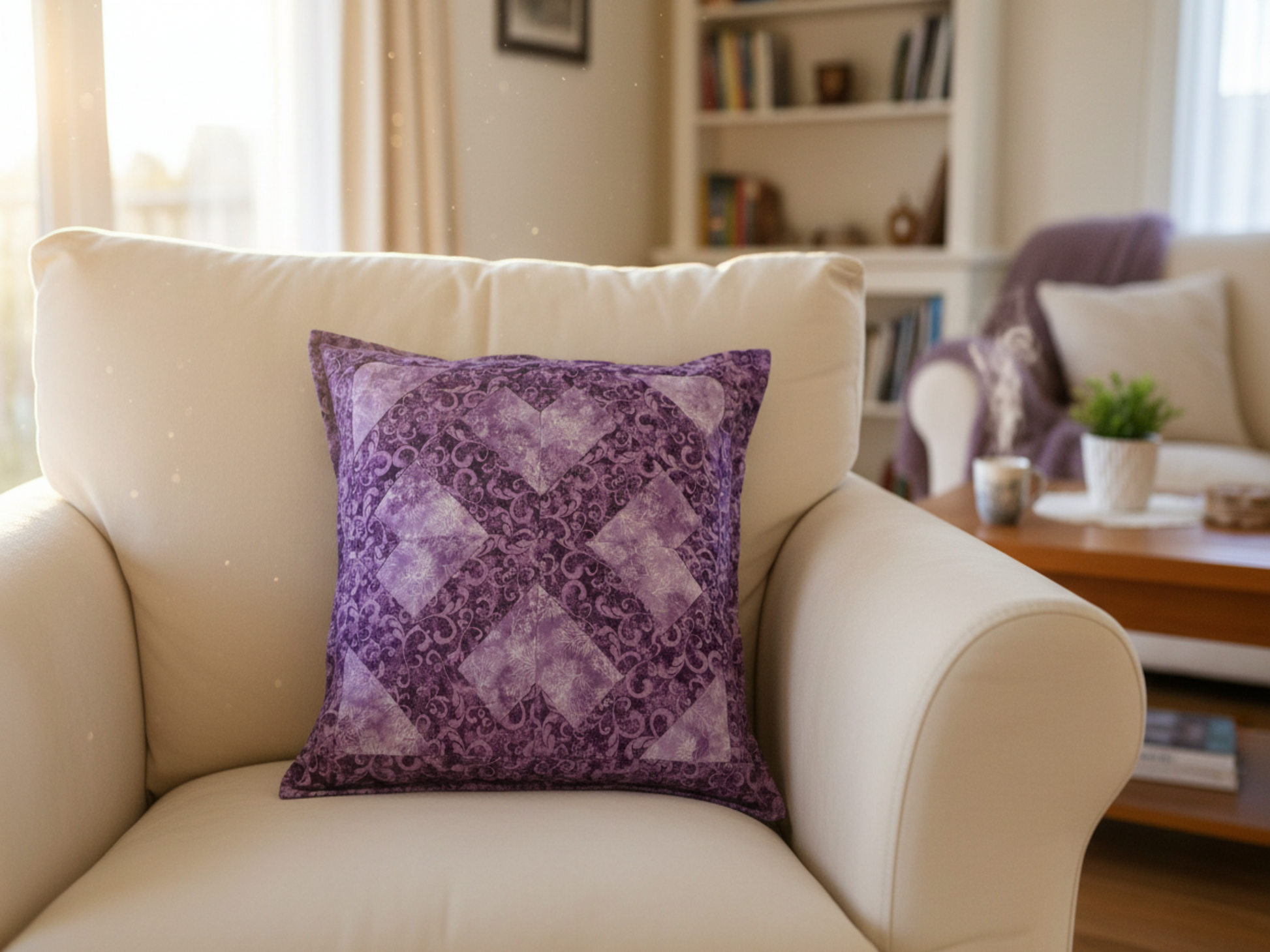 Purple cushion on couch