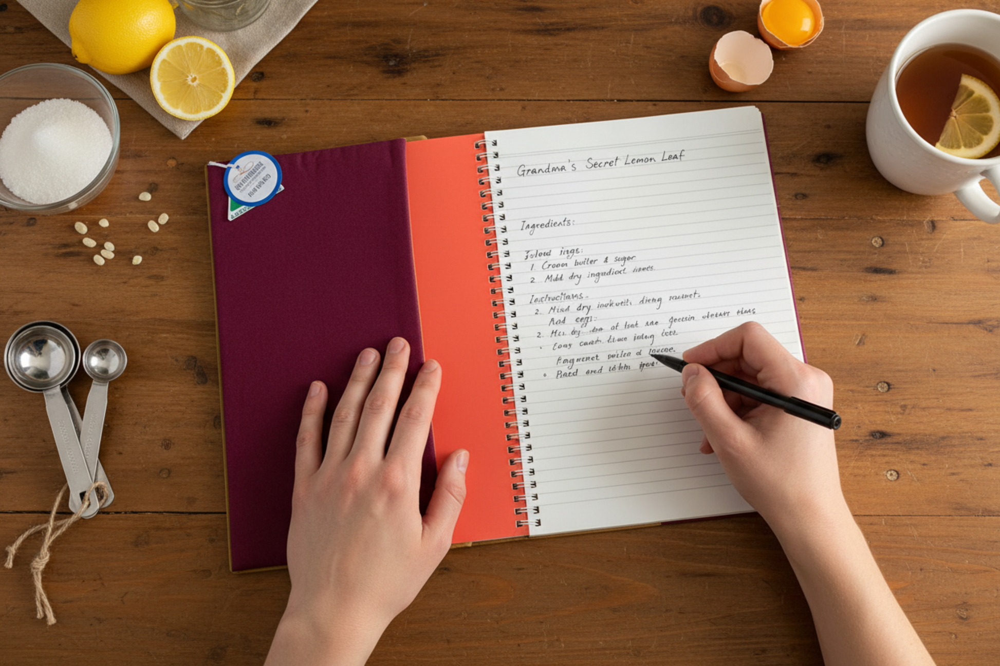 Recipe journal open showing lined pages being written on