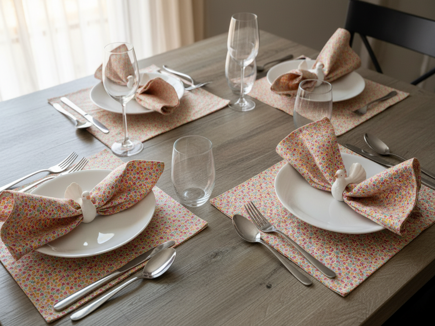 Reusable serviettes with dove rings table setting