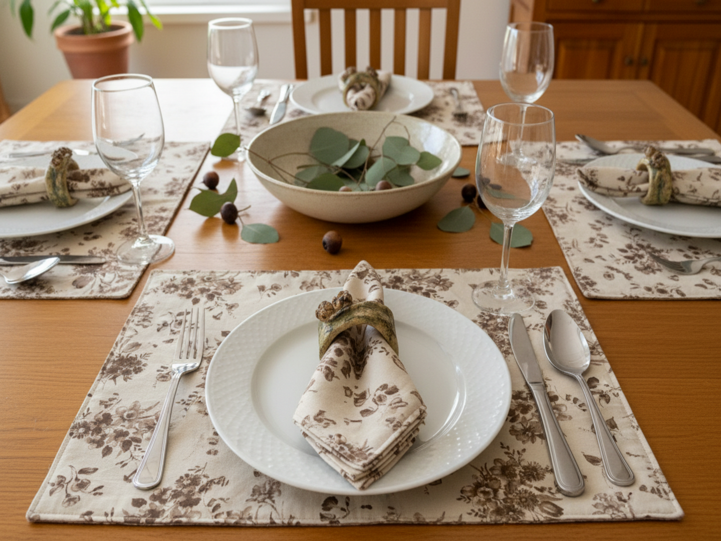 Reusable serviettes with pottery gumnut rings table setting