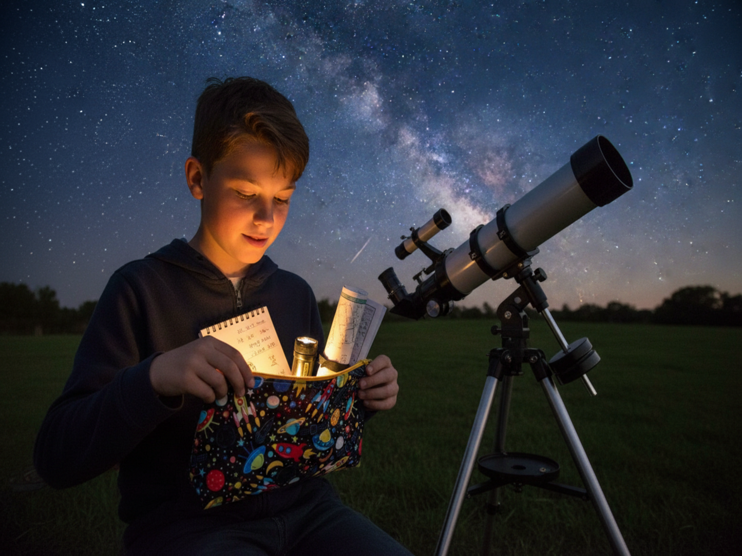 Space pouch with boy and telescope