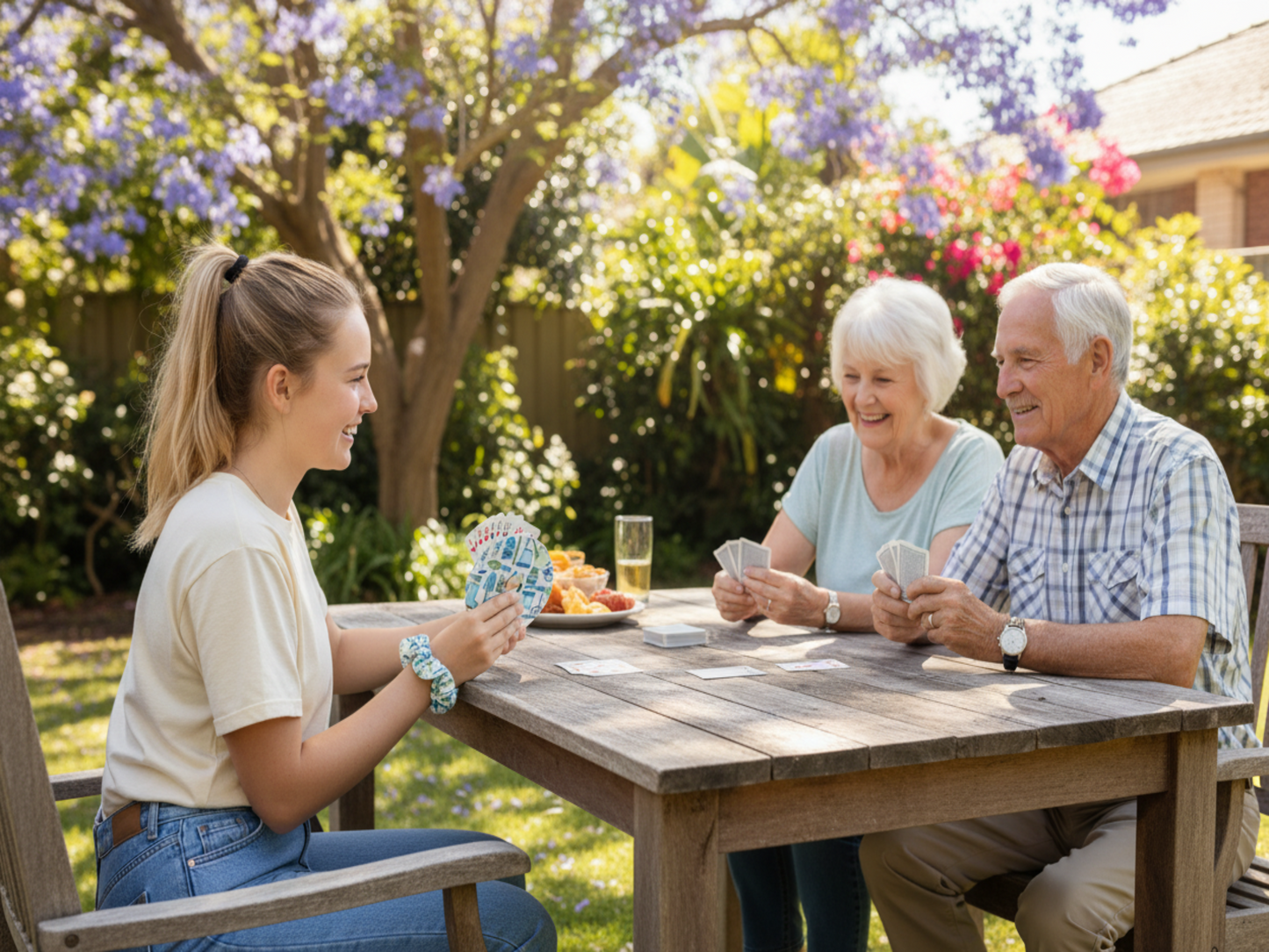Teenager playing cards with grandparents wearing scrunchie