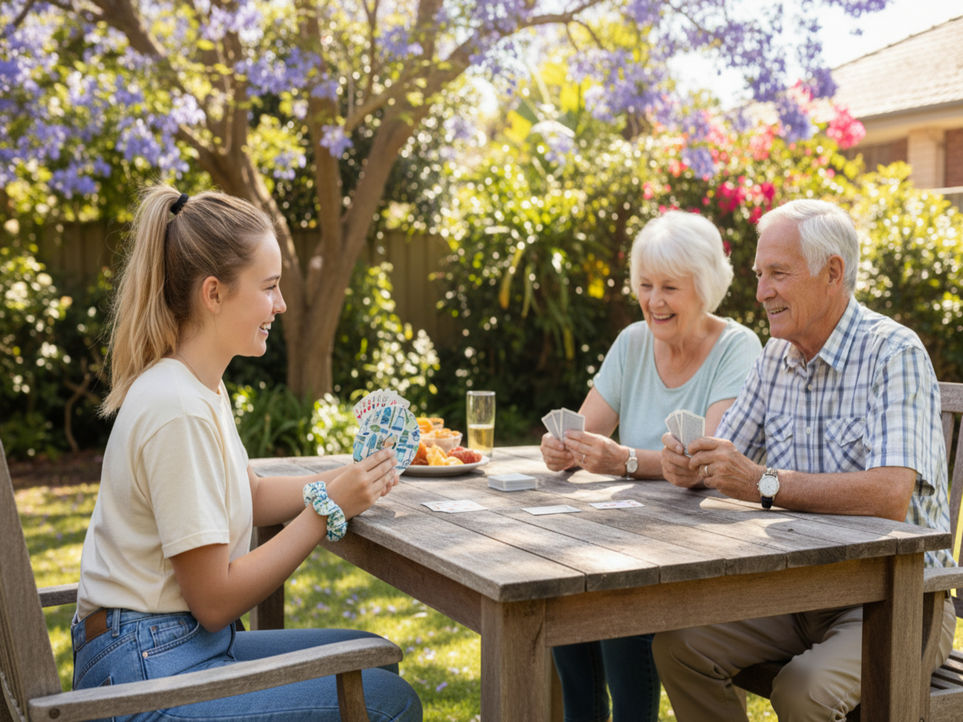 Teenager playing cards with grandparents wearing scrunchie