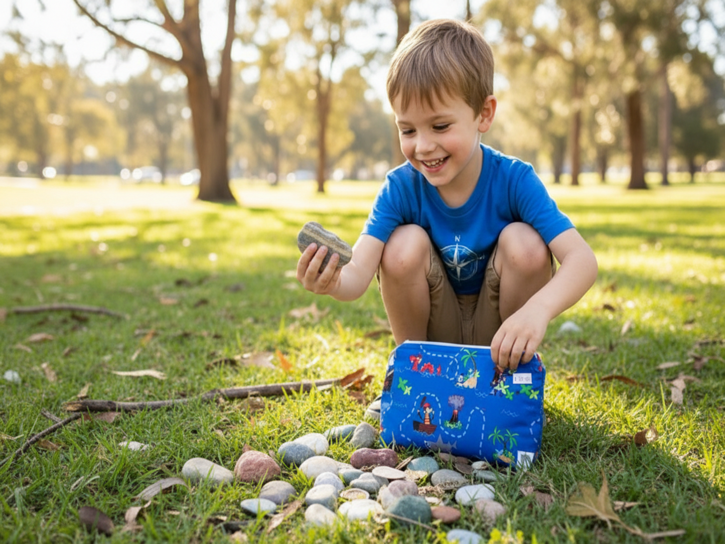 Treasure pouch with boy's rock collection