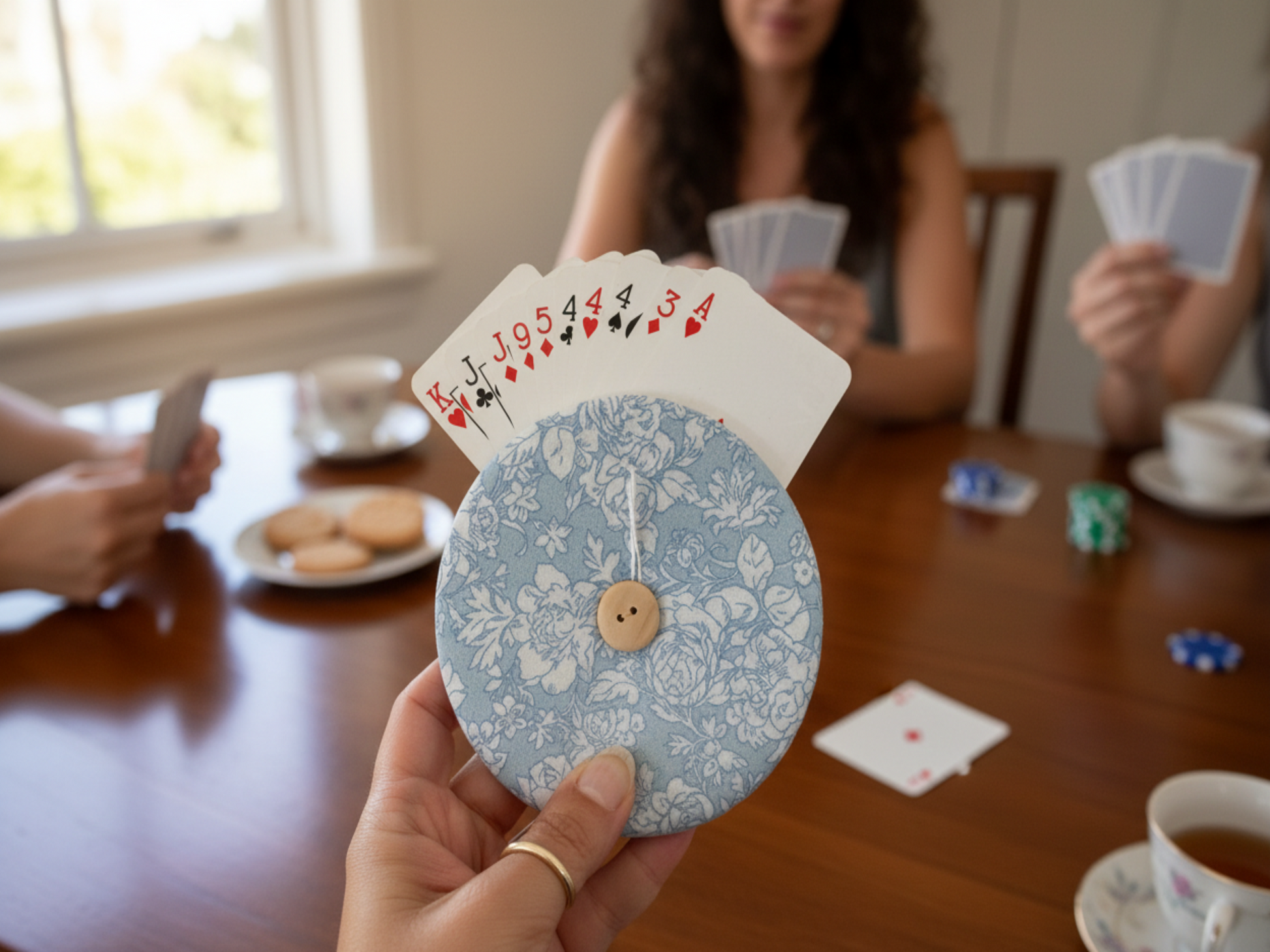 Vintage floral card holder in use