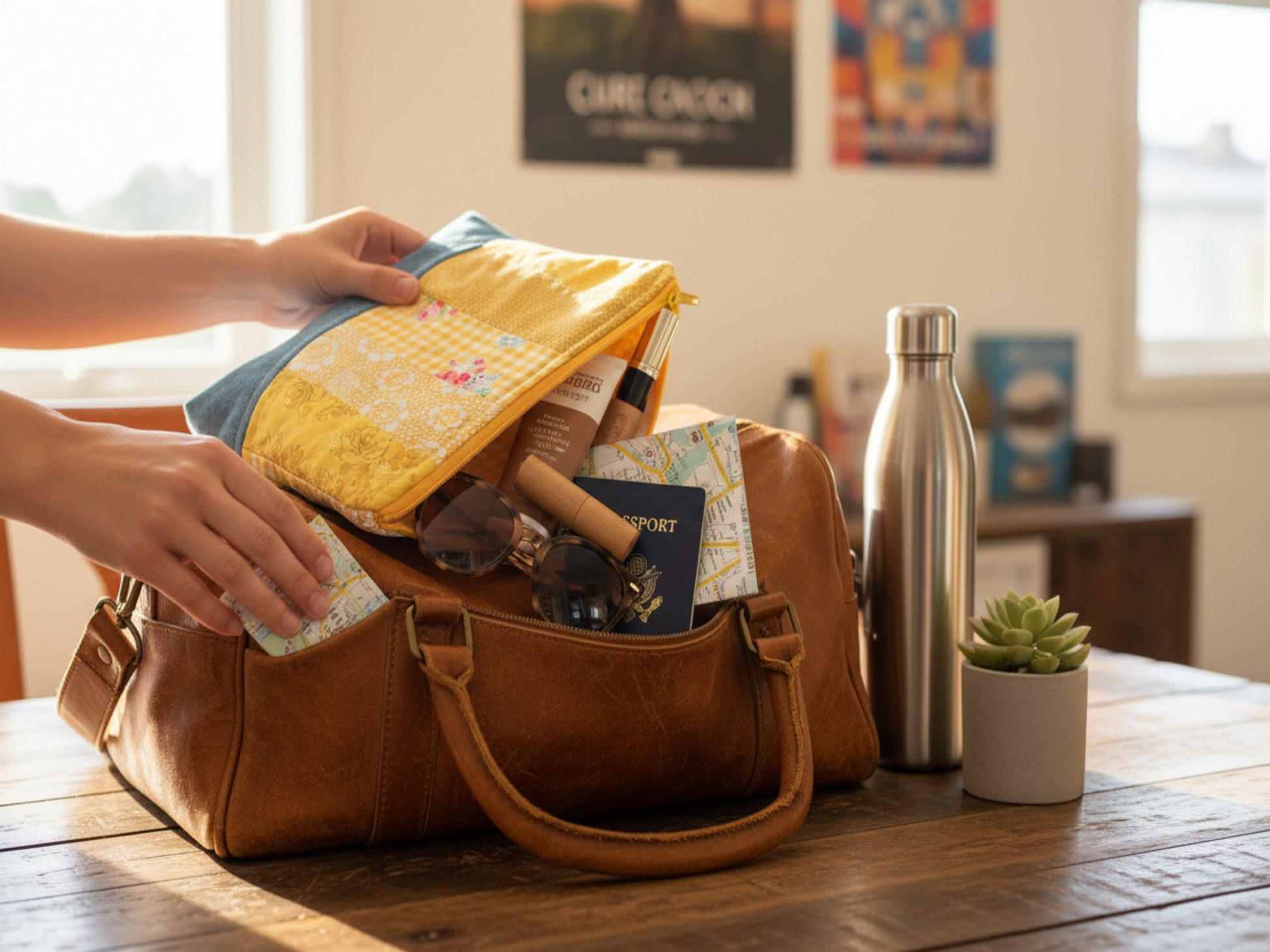 Yellow & Denim pouch in use for travel
