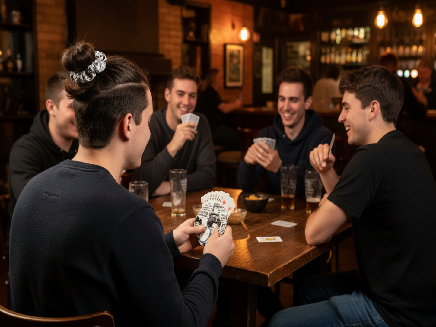Young men playing cards at pub with vintage car scrunchie